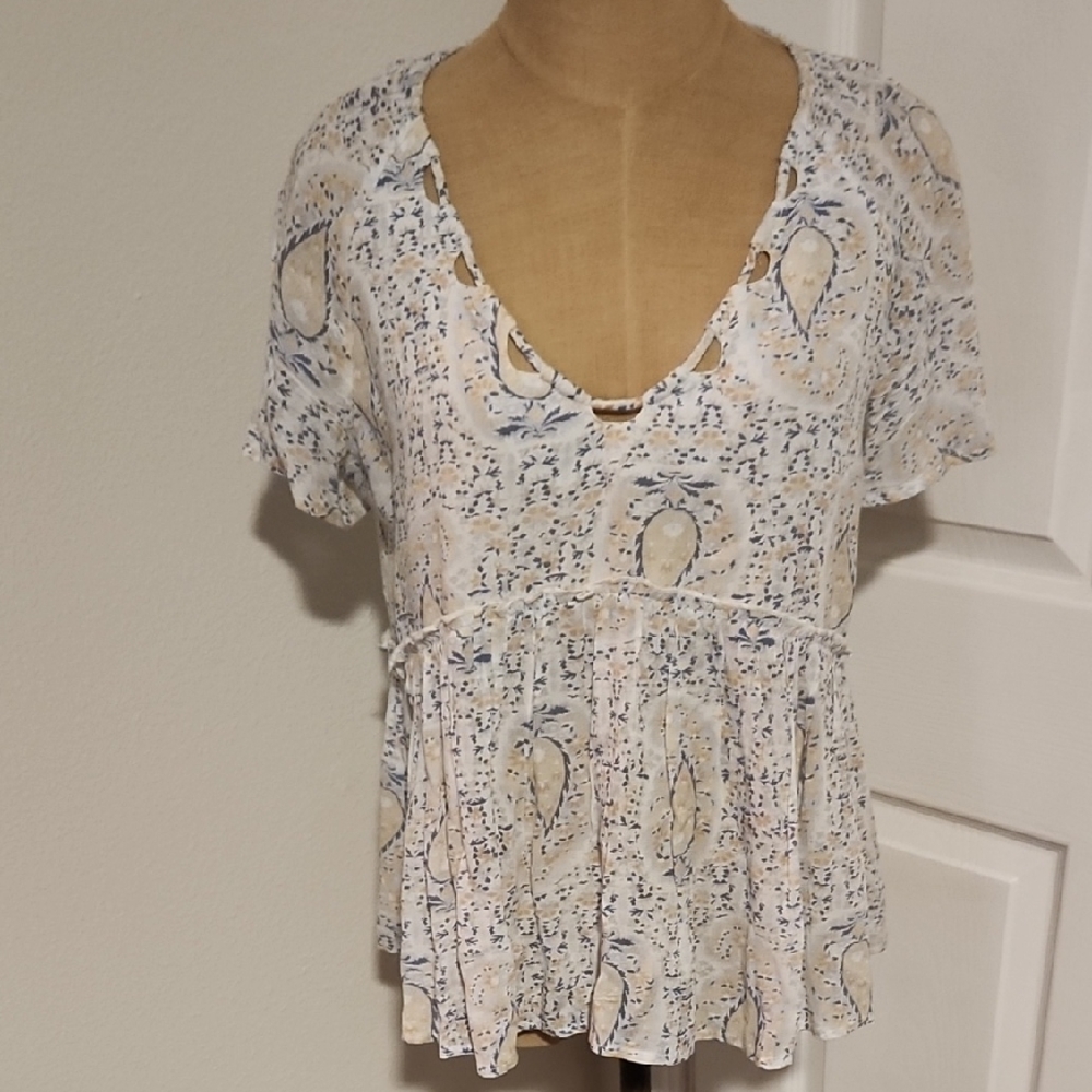 Lucky Brand Cream and Blue Blouse